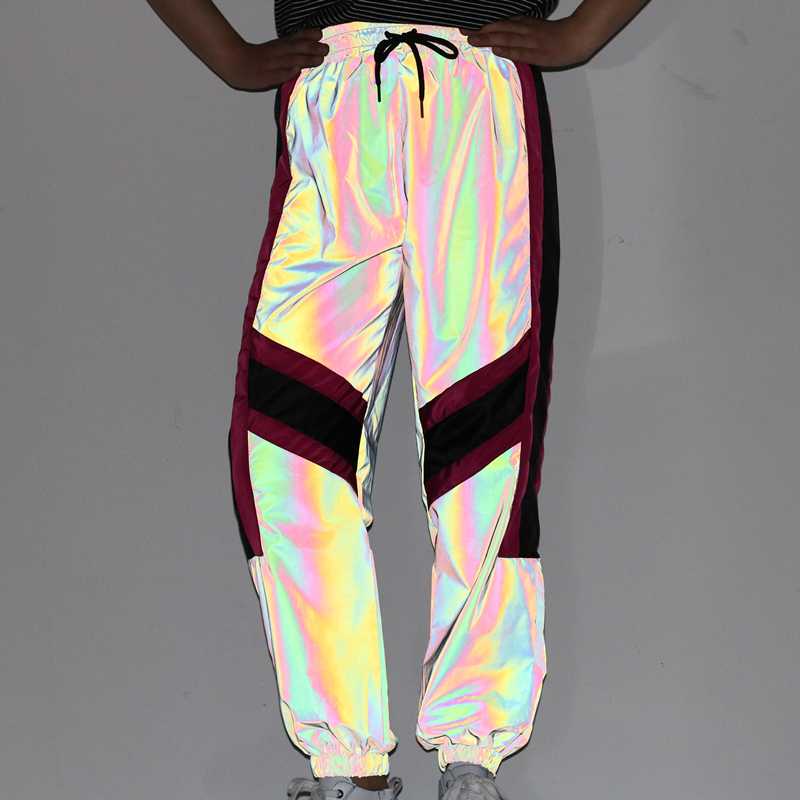 

Drop shipping spliced rainbow reflective pants women' breathable woman hip hop joggers women casual street style sweatpants