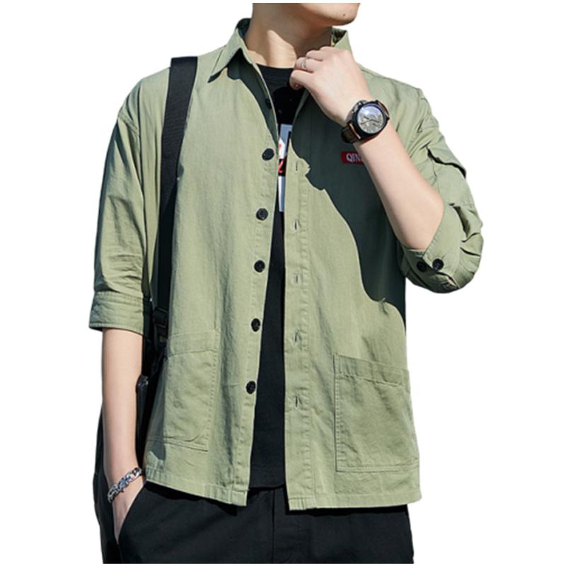 

Men's 2020 summer new men's Retro five sleeve shirt casual and comfortable cotton tooling loose solid color short sleeve shirt, Army green