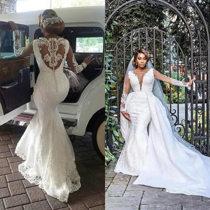 

Mermaid Wedding Dresses with Detachable Train 2020 Luxury Lace Applique Beaded Long Sleeve Plus Size Wedding Gown, Red & white