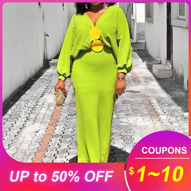 

Bright Green Maxi Dress Women African Autumn Party Dinner Evening V-Neck Lantern Sleeve Bodycon Dress Robe Elegant Vestiods 2020