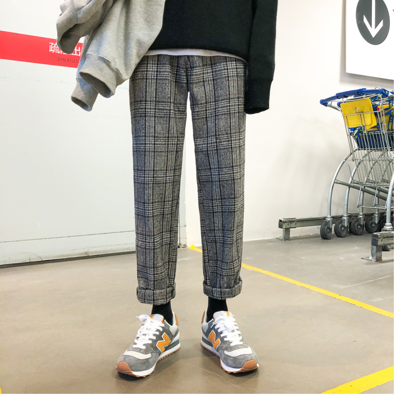 

2019 Summer New Fashion Men's Camouflage Korean Version Of Loose Harajuku Straight Casual Plaid Trousers hip hop, Black white