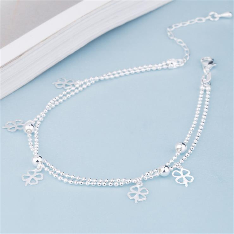 

KOFSAC Summer New 925 Sterling Silver Beads Chain Anklets Beach Party Lucky Grass Ankle Bracelets For Women Foot Jewelry Gifts