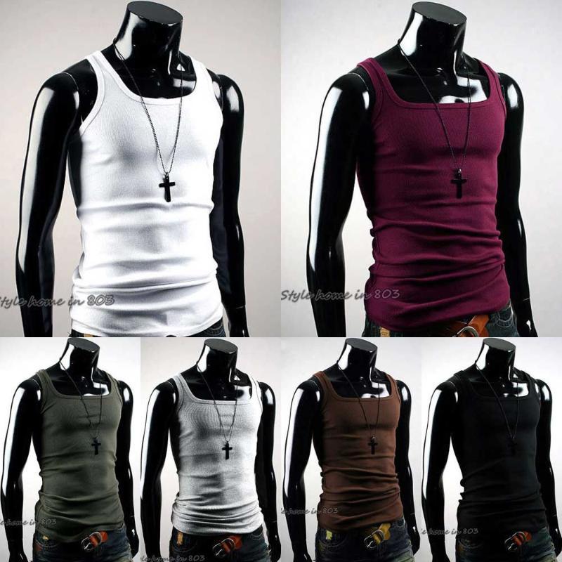 

Wholesale- Hot Selling Men Vest T-Shirt Summer Undershirt Mens Tshirt A-Shirt Wife Beater Ribbed Muscle Vest Top New Fashion1, Gray