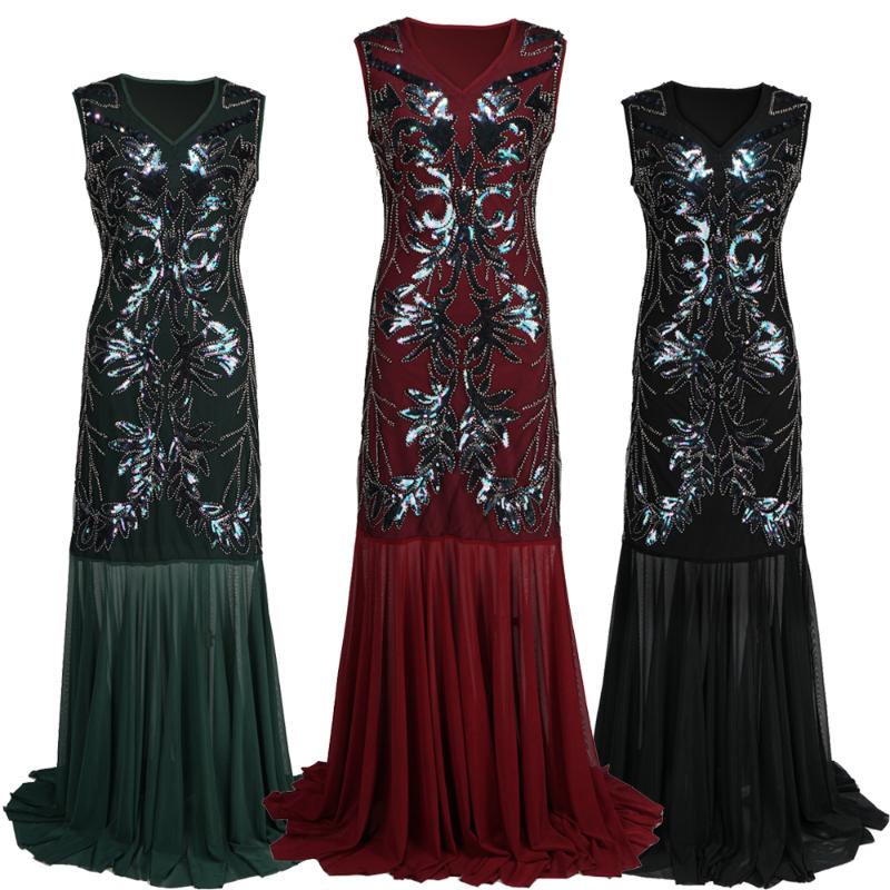 

1920s New V-neck Long Evening Dress Embroidered Sleeveless Prom Dress Pleated Chiffon Robe De Soriee XUCTHHC Elegant Party, Black