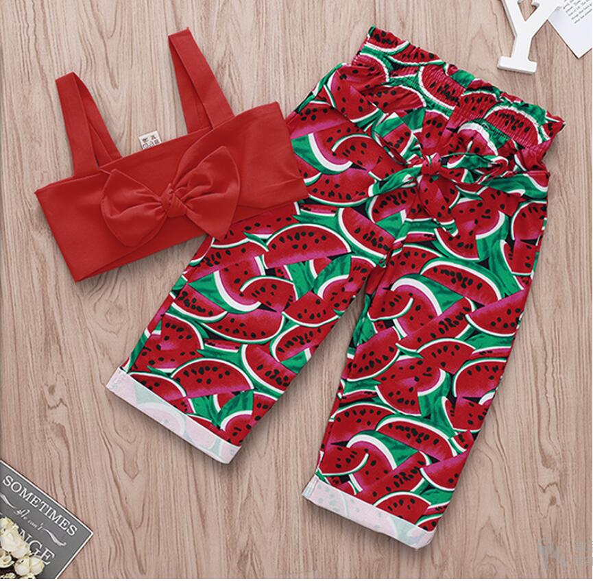 

Girl Red Suspender Tops and Watermelon Print Pant Set Baby Summer Sleeveless Tops and Bowknot Floral Trousers Suit Kids Summer Clothes, As picture