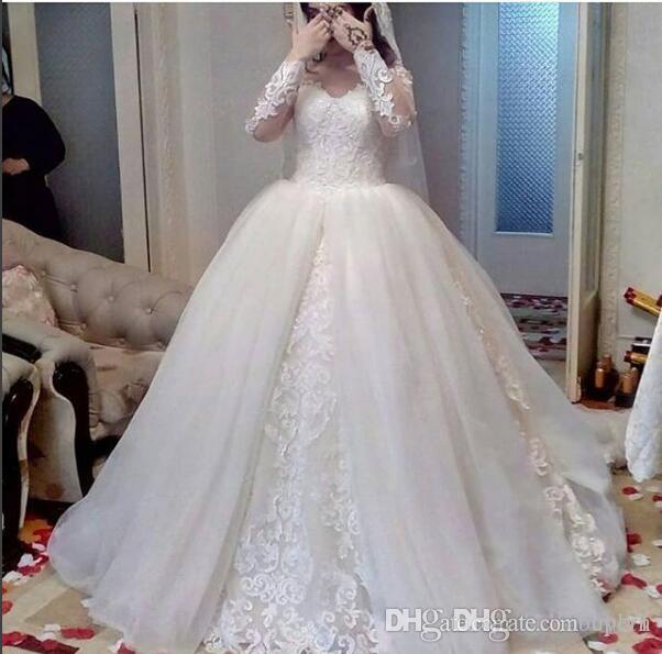 

White Lace Ball Gown Long Sleeve Modest Wedding Dresses 2019 Empire Waist plus size Wedding Gowns UK 3D Flowers Sleeves, Same as image
