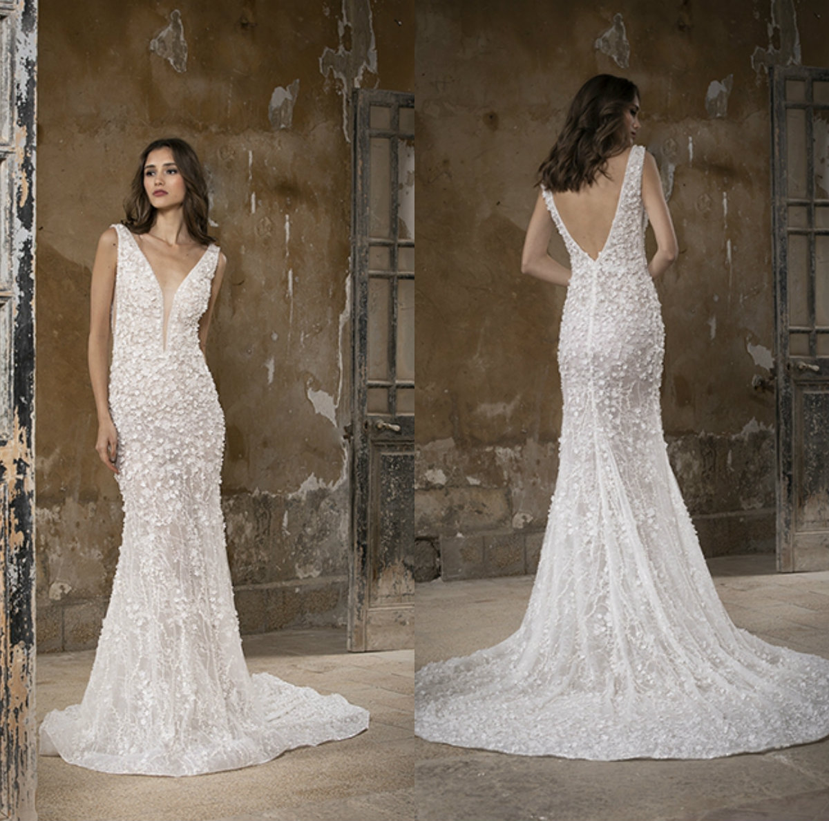 

Tony Ward Wedding Dresses Sexy Deep V Neck Lace Appliques Mermaid Bridal Gowns 2020 Custom Made Backless Sweep Train Wedding Dress, Same as image