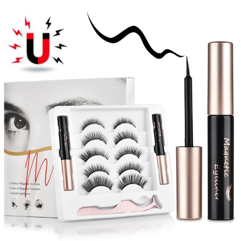 5 paires de kits de cils magnétiques améliorés avec des cils imperméables réutilisables à double eye-liner avec applicateur