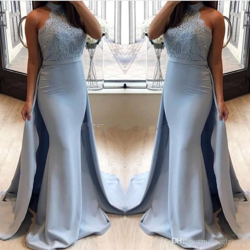 

New Mermaid Evening Dresses Detachable Train 2019 Hlater Neckline Top Lace Applique Sequins Beads Formal Event Wear Prom Party Dress, Purple