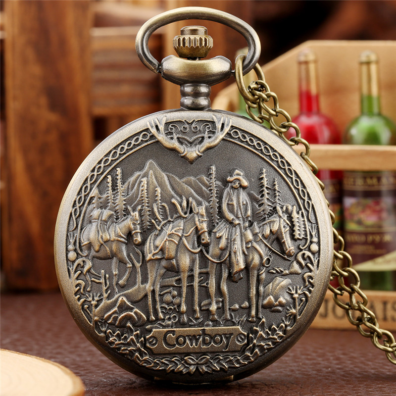 

Steampunk Antique Cowboy Design Men Boy Quartz Pocket Watch Analog Display Clock Necklace Chain Watches Gifts Collectable, Bronze