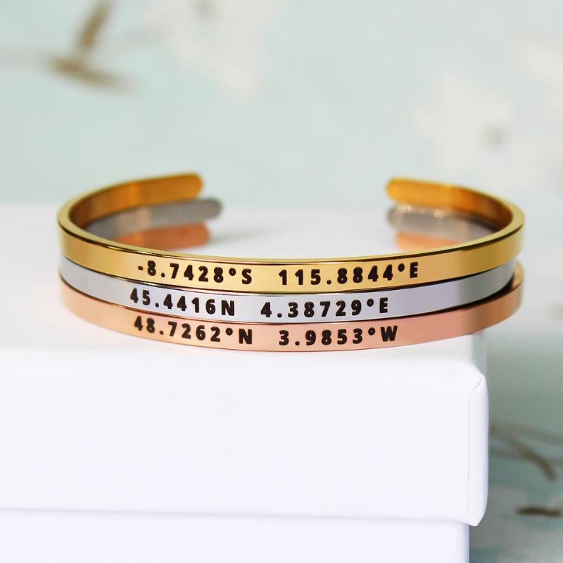 

4mm Width Custom Coordinates Bracelet Stainless Steel Laser Engrave Adjustable Cuff Bangles Personalized Brazalet Femme