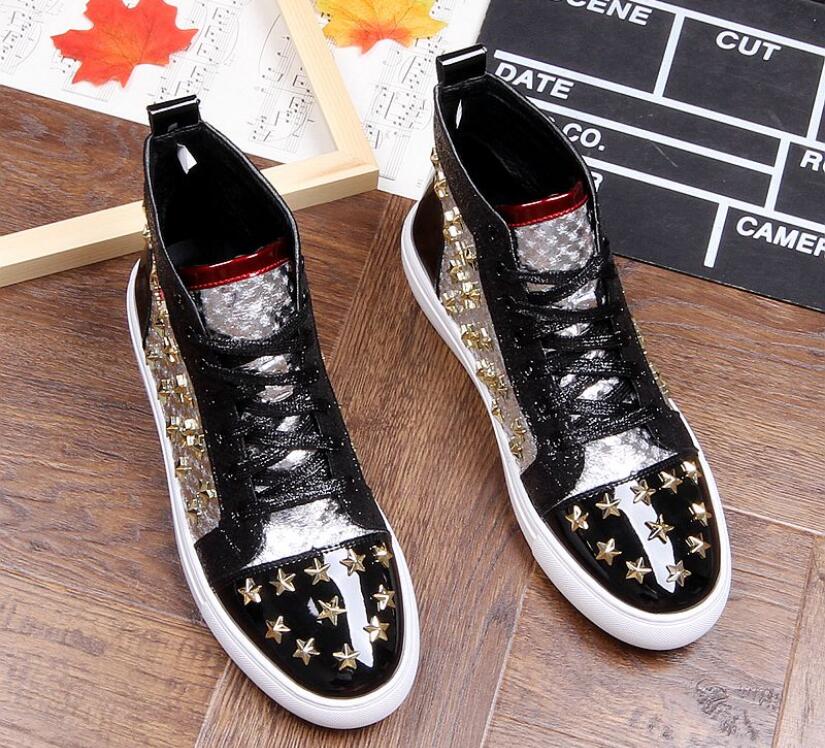 

Men brand designer rivet American flag Causal shoes ,Causal Flats Moccasins Male High Top Rock hip hop mixed color shoes For Man, Black