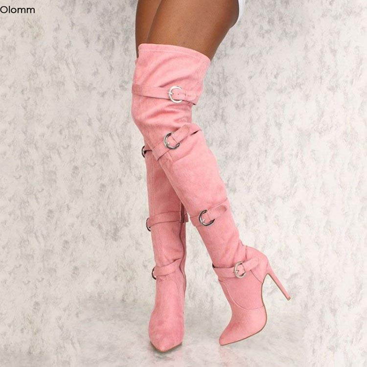Rontic nouvelles femmes sur le genou bottes Sexy talons aiguilles bottes joli bout pointu vin rouge rose chaussures de fête femmes Plus taille am