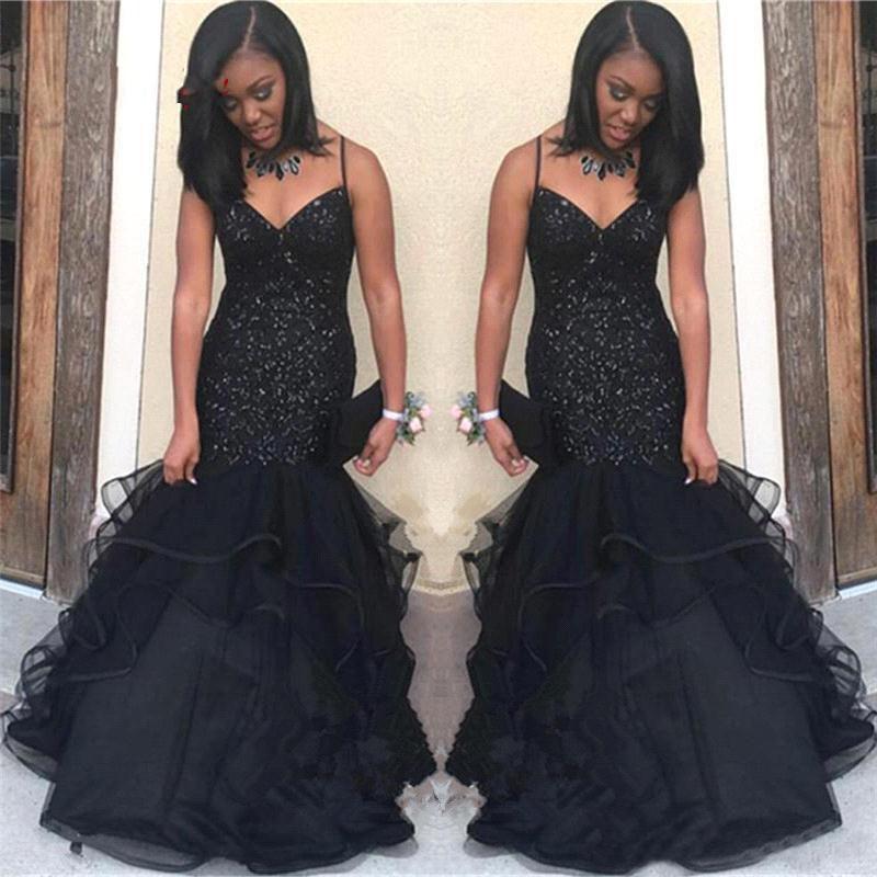 

2020 Black Girl Mermaid Prom Dresses Spaghetti Straps Sparkly Sequins Tiered Skirt Floor Length Evening Party Gown Formal Occasion Wear, Gold