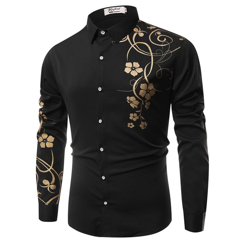 

Men's Casual Shirts Mens Long Sleeve Fashion Rose Flower Gold Print Floral Shirt Slim Fit Clothing, Navy blue