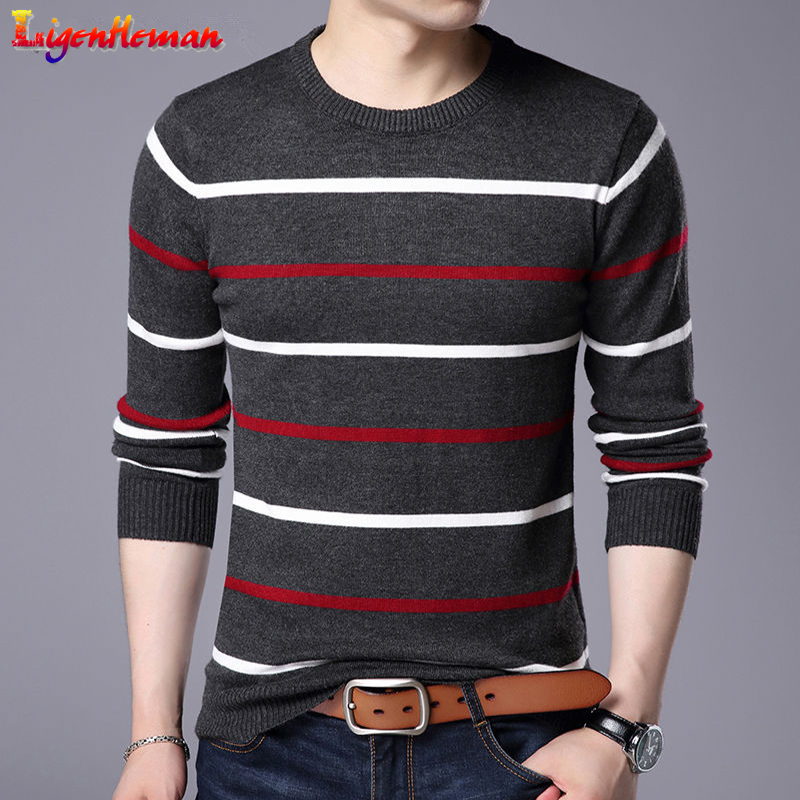 

Men Casual Striped Pull Slim fit Sweater Men Spring Autumn Sweater O-Neck Striped Slim Fit Knittwear Sweaters Pullover, White