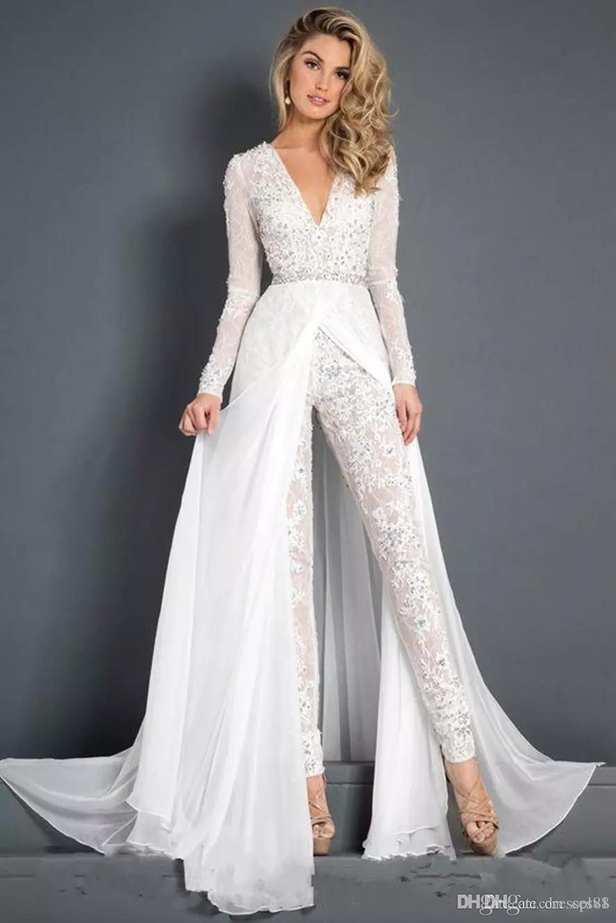 

2019 New Lace 2019 New Lace Chiffon Wedding Dress Modest V neck Long Sleeve Beaded Belt Skirt Beach Casual Jumpsuit Bridal Gown, Pink