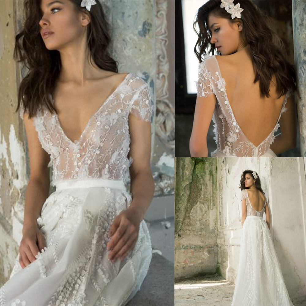 

Julie Vino A Line Wedding Dress Backless Applique Tulle Short Sleeves Wedding Dresses Sweep Train Boho Bridal Gowns, Dark green