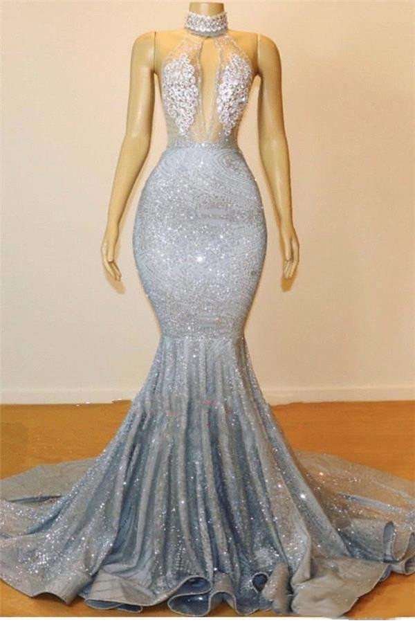 

Silver Sexy Mermaid Long Prom Dresses Halter Beading Crystals Illusion Top Backless Black Girls Evening Party Gowns 2K19, Brown