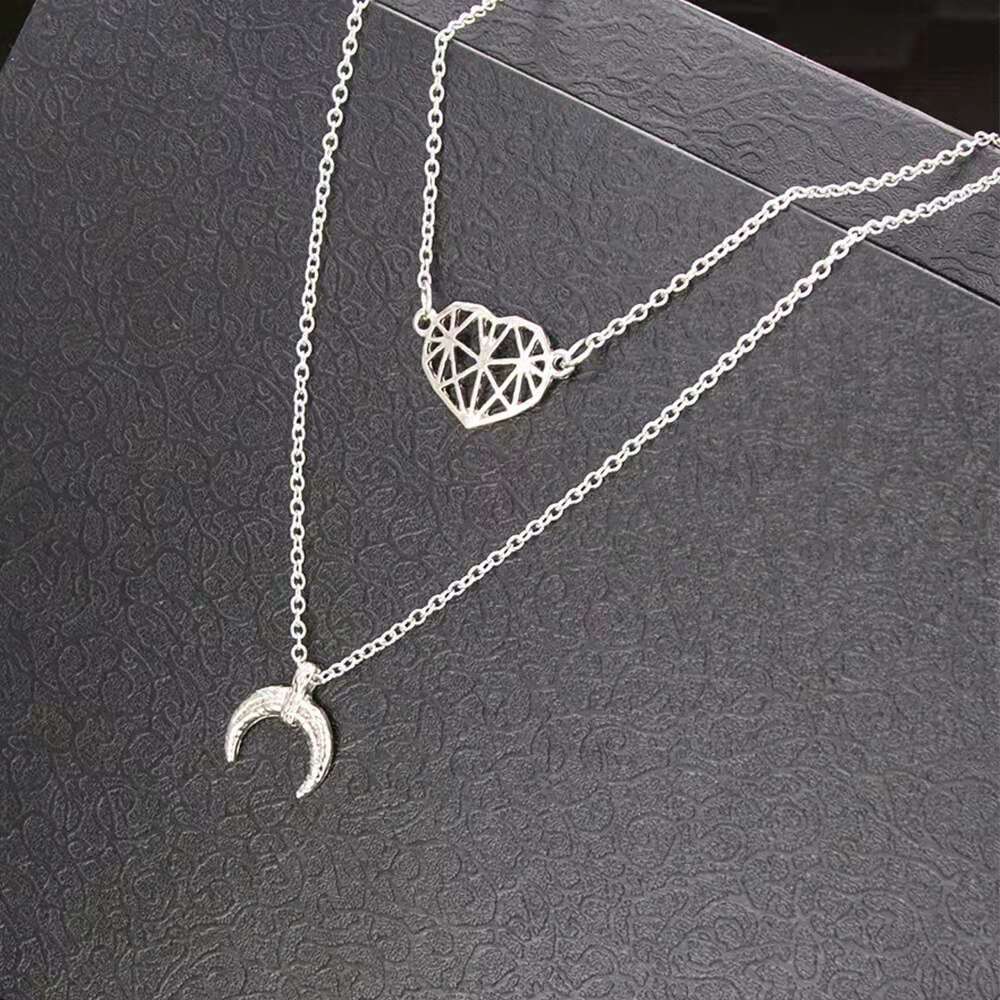 

Wholesale- heart crescent pendant necklaces for women silver Double-deck link chains moon necklace simple girl korean jewelry free shipping