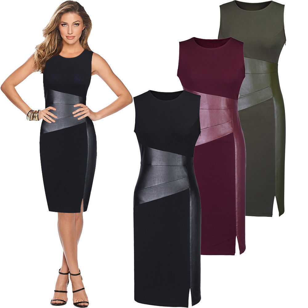 

Designer Dresses Womens Clothing Sexy Sleeveless Patchwork Pu Wine Red Black Army Green Cut Bodycon Evening Party Dress Clothes