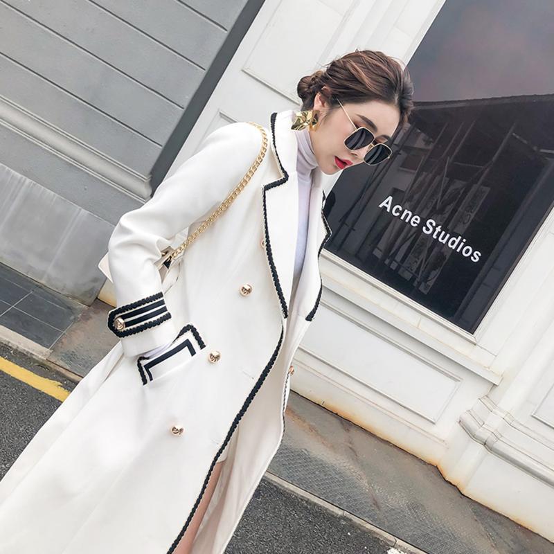 

Korean Style Woolen Coat Women Winter Double Breasted Slim Long Wool Coat White Pockets Thick Warm Work Office Overcoat, Black
