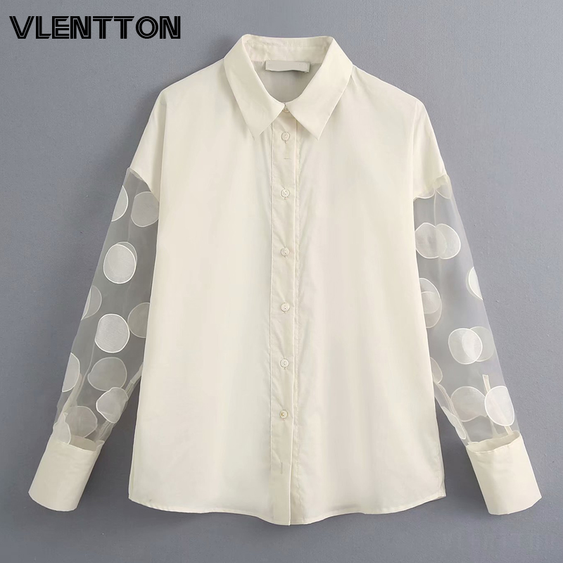

2020 Spring Summer Sexy Transparent Dot Splice Shirt Womens Long Sleeve Button Loose Tops And Blouses Ladies Blusas Camisa Mujer, Beige