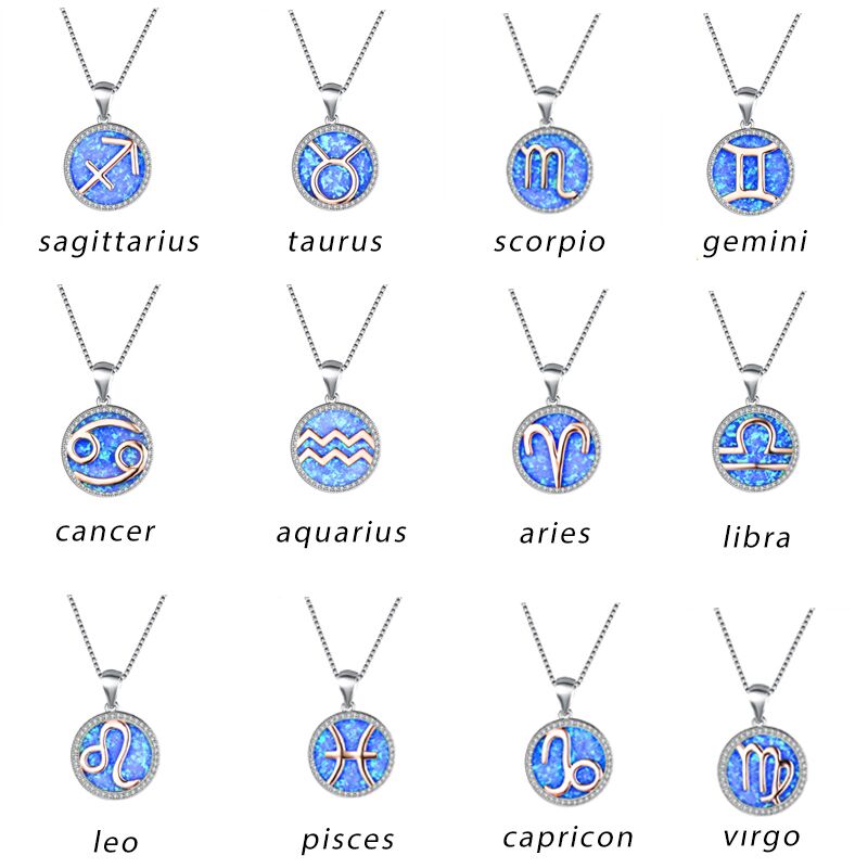 

12 Constellation Theme - 925 Silver Plated Constellation Pendant Natural Gemstone Blue Opal Necklace Glamour Women Wedding Jewelry Gift