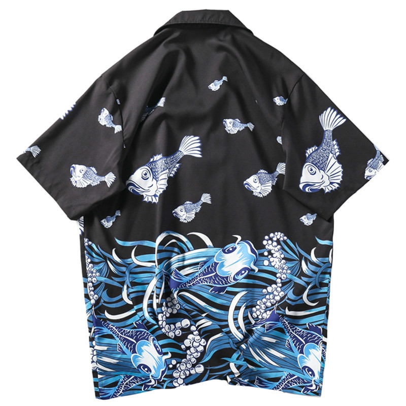 

Januarysnow Harajuku Japanese Ukiyoe Shirt Streetwear Fish Print Hawaiian Shirt Summer Shirt Tops Short Sleeve, Black