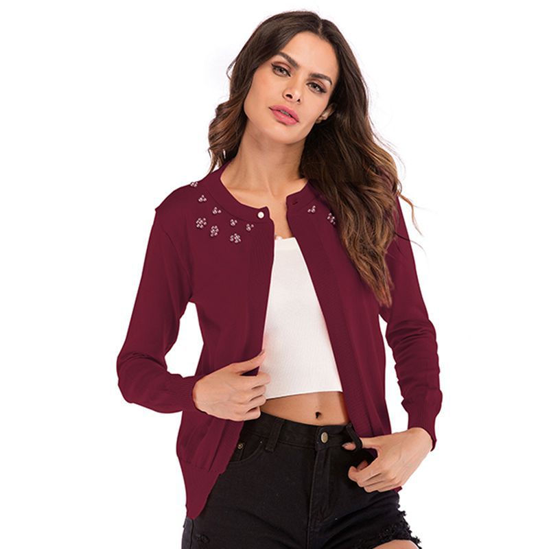 

Spring And Autumn New Beaded One Button Knitted Cardigan Round Neck Women's Fashion Wild Small Shawl Coat Top, Blue
