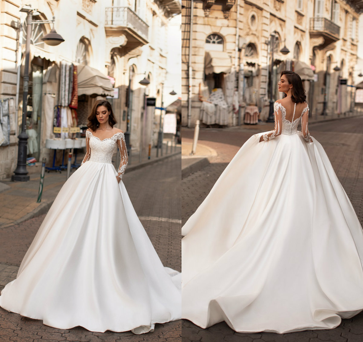 2020 robes de mariée de jardin col en V une ligne dentelle appliques pays robe de mariée boho à manches longues satin balayage train sur mesure r