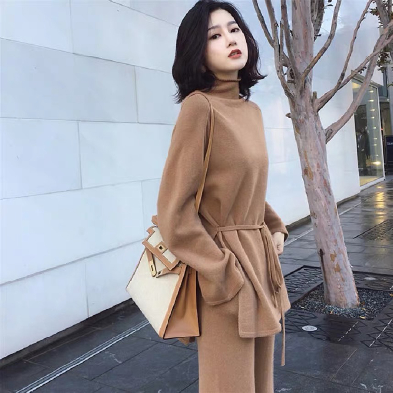 

Women 2 Piece Pant kintted Turtleneck Sweater 2019 Autumn Winter Runway Fashion Casual Pants Suit Top+Pants Knit Pullover Sets, Black