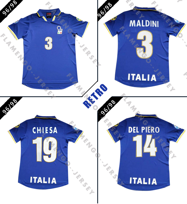 

Italy Retro 96 98 soccer jerseys MALDINI DEL PIERO BAGGIO ZOLA CHIESA football shirts classic Maglia da calcio RAVANELLI DONADONI vintage Ma, 1996-1998 retro