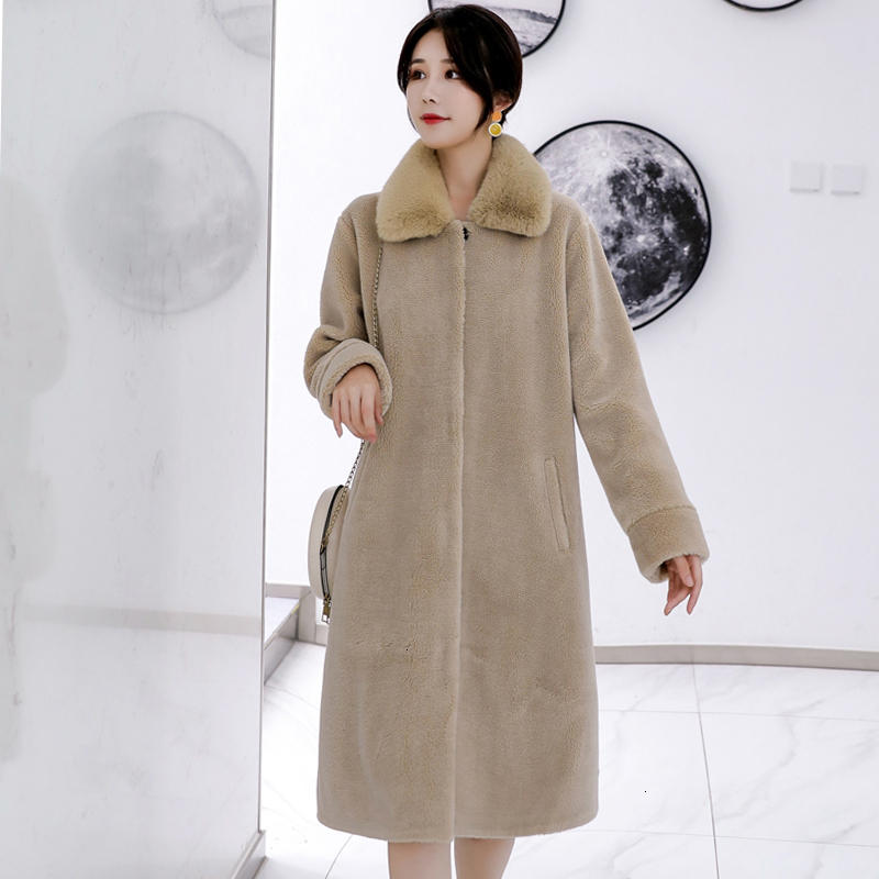 

2019 Lambswool Winter Jacket Women Turn Down Collar Breasted Buttons Female Coat Long Loose Casual Parka, Black