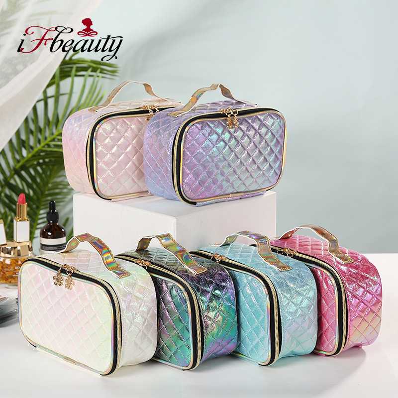 

Fashion PU Portable Cosmetic Case Makeup Organizer Creative Square Laser Color Plaid Bag Cosmetic Storage Bag