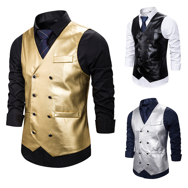 

Menswear Vest Nightclub Talent Bright Side Fashion Dynamic Solid Color Double Breasted Men' Vest, Black
