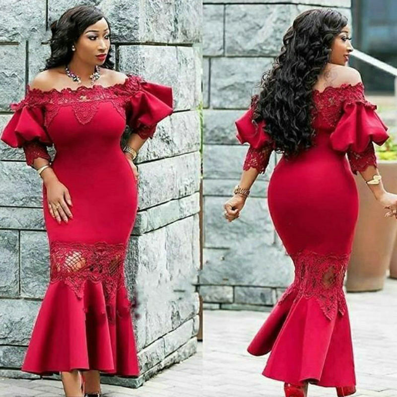

2020 Sexy African Girl Red Mother Of The Bride Dresses Mermaid Off Shoulder Puffy Sleeves Lace Satin Plus Size Evening Gowns Wear