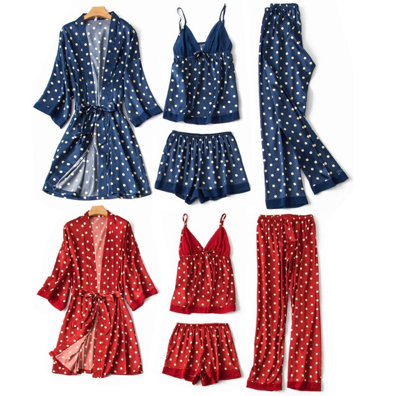 

Women Pajamas 4 Pieces Dot Print Satin Sleepwear Pijama Silk Home Wear Home Clothing Sleep Lounge Pyjama Night Gown Pyjamas, Blue