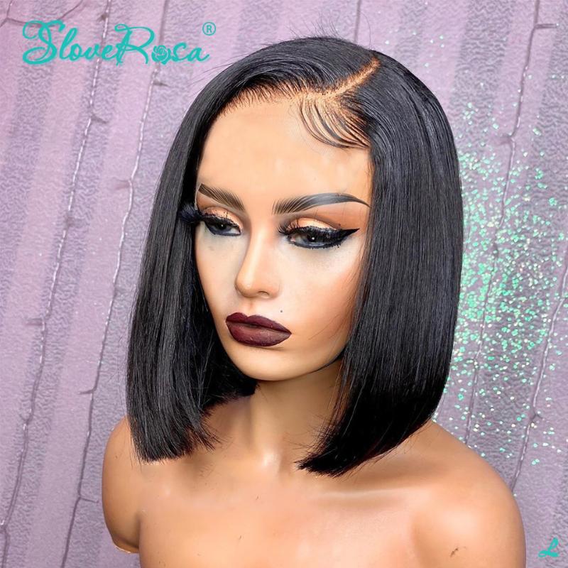

Side Part 13x4 Short Bob 130% Brazilian Remy Hair Can Be Dyed Lace Front Human Hair Wigs Pre-Plucked Bleached Knots Slove Rosa, As pic