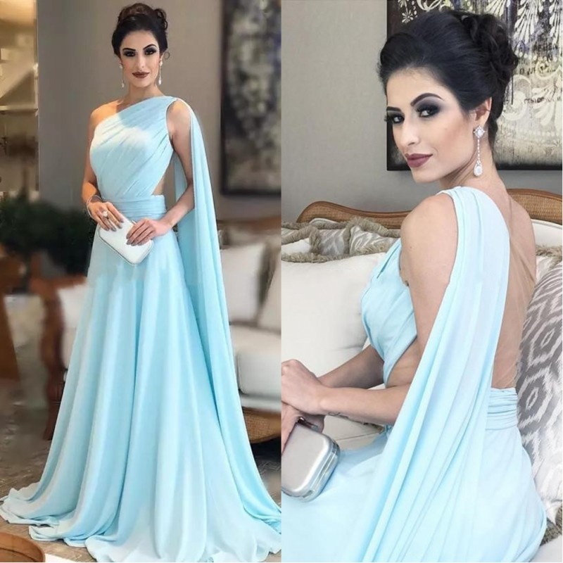 

One Shoulder Light Sky Blue Evening Dresses 2019 Pleated Chiffon Illusion Back Floor Length Saudi Arabic Prom Dresses Bridesmaid Gowns, Nude