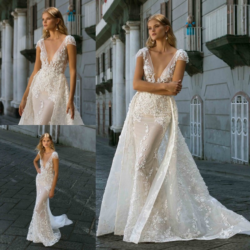 

2020 Berta Mermaid Lace Wedding Dresses With Detachable Train Deep V Neck 3D Appliqued Bridal Gowns Beaded Plus Size Tulle robes de mariée, Hunter