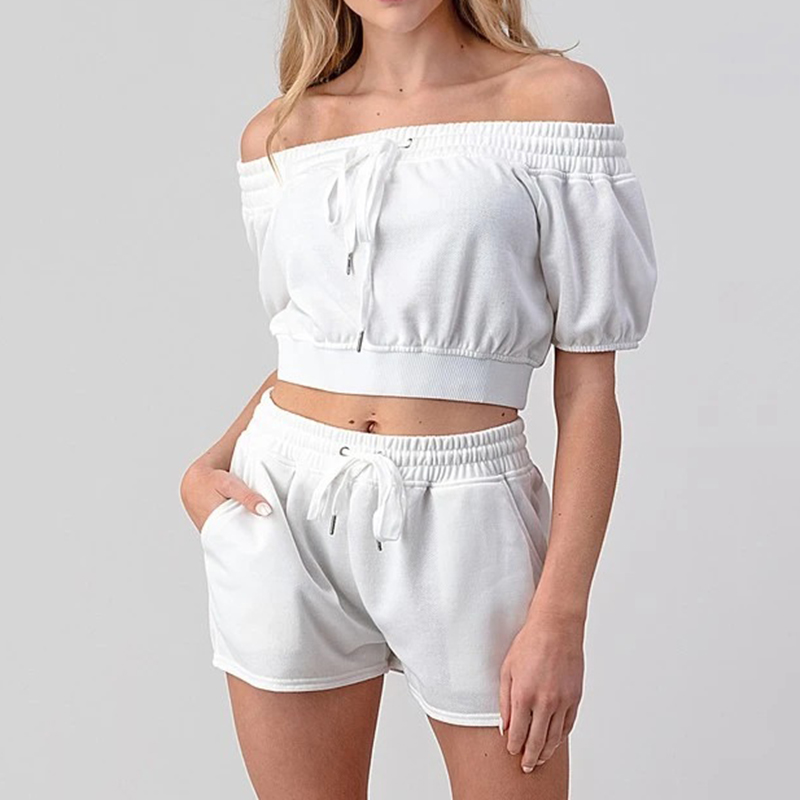 

Summer Two Piece Set Sexy Women Off Shoulder Solid Crop Top Lace Up Shorts Matching Sets Femme Clothing Casual Tracksuit, Black