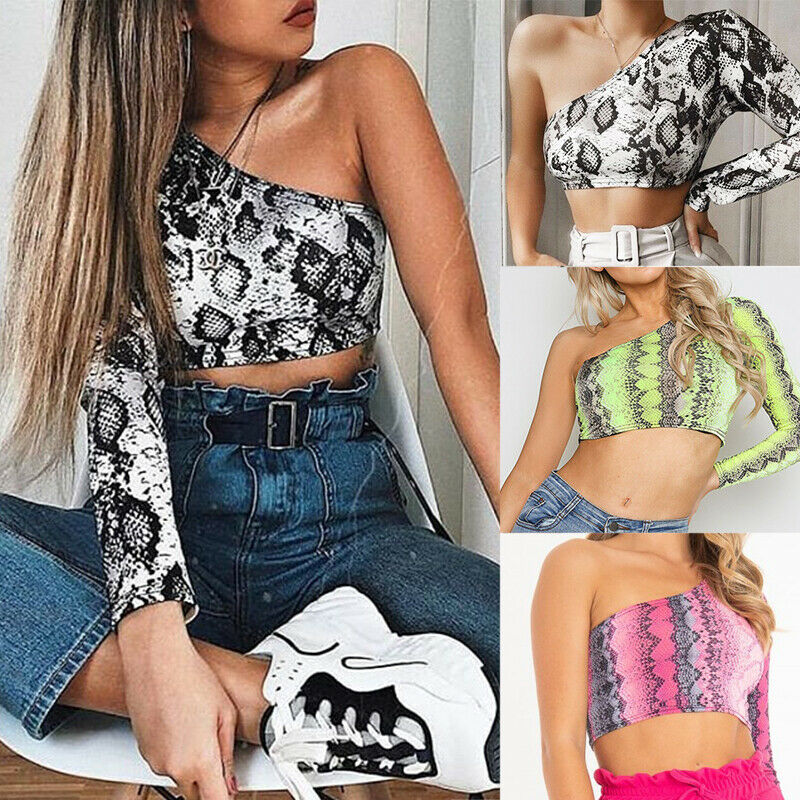 

Women Lady Summer Casual Single Shoulder Snake Tank Top Crop Vest Blouse, Black