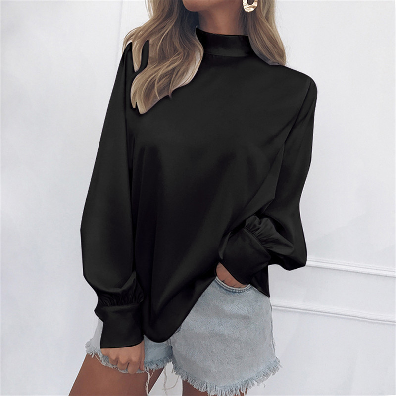 

Women Blouse 2019 Autumn Solid Color Turtleneck Tops Blouses Casual Lantern Long Sleeve Fashion Office Ladies Shirt Plus Size, Black