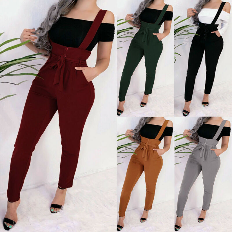 2020 Nouvelle arrivée femmes Pantalons Pocket taille haute Ceinture Baggy Salopette Pantalon Skinny Crayon Femme élégante Slim long Salopette