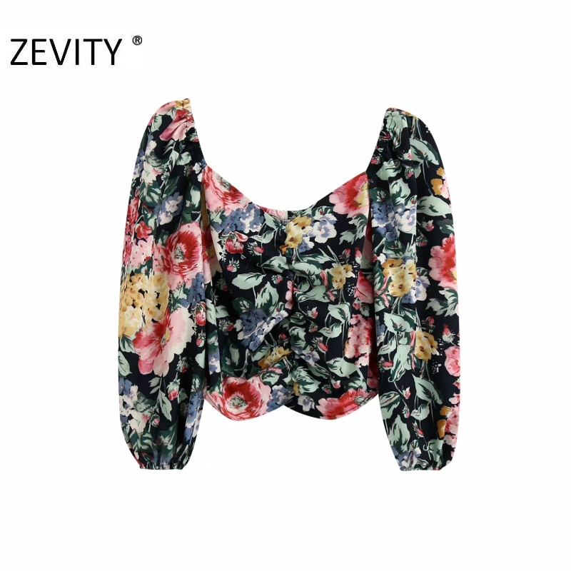 

Zevity women tropical flower print pleated short kimono blouse ladies retro square collar chic slim shirts femininas tops LS7057, As pic ls7057bb