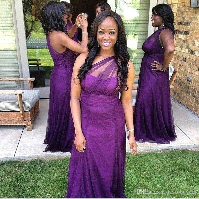 

2019 Purple Long Plus Size Bridesmaid Dresses One Shoulder Sleeveless Floor Length Tulle Bridesmaids Dresses Custom Made Formal Dresses