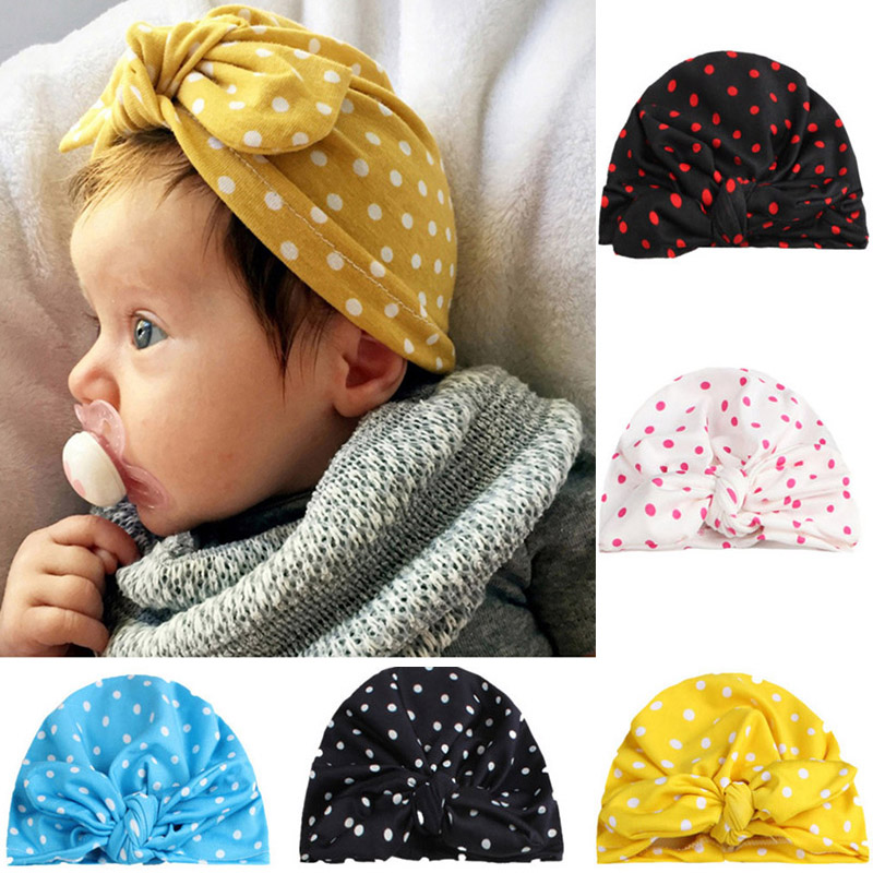 

New Style High Quality Baby Caps Cotton Dot Pattern Knitted Head Hats Kids Bow Tie India Beanies Children Caps Sombrero Hoed, White