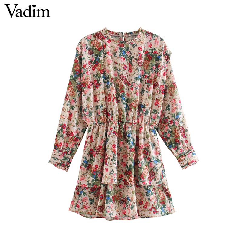 

Vadim women elegant floral mini dress elastic waist loose-fitting long sleeve female sweet casual dresses vestidos QD301, As picture