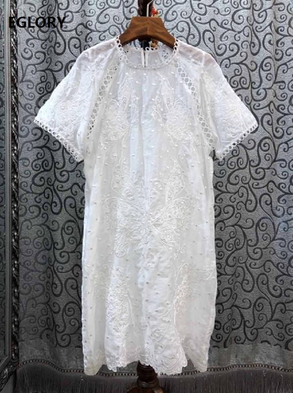 

Top Quality Summer Dress 2020 Style Women O-Neck Exquisite Butterfly Embroidery Short Sleeve White Luxury Silk Cotton Dress, As pic